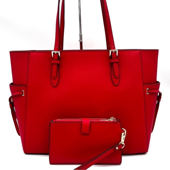 Michael Kors Gilly Large Drawstring Shoulder Tote Bag & Double Zip Wallet Red - Picture 5 of 14
